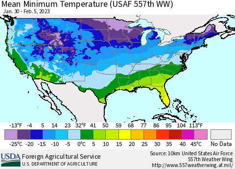 United States Mean Minimum Temperature (USAF 557th WW) Thematic Map For 1/30/2023 - 2/5/2023