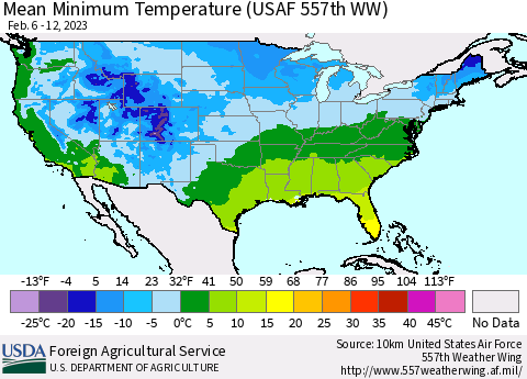 United States Mean Minimum Temperature (USAF 557th WW) Thematic Map For 2/6/2023 - 2/12/2023