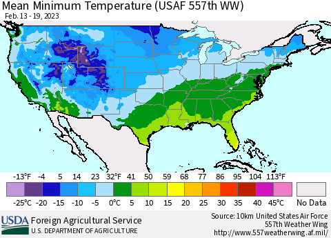 United States Mean Minimum Temperature (USAF 557th WW) Thematic Map For 2/13/2023 - 2/19/2023