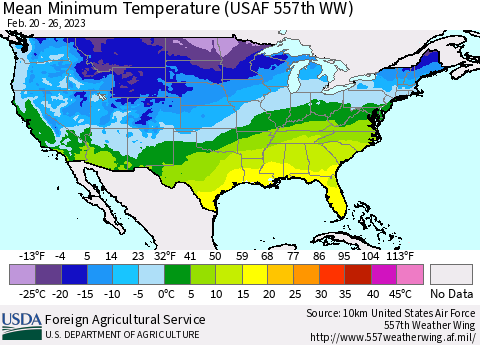 United States Mean Minimum Temperature (USAF 557th WW) Thematic Map For 2/20/2023 - 2/26/2023
