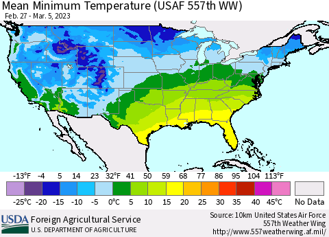 United States Mean Minimum Temperature (USAF 557th WW) Thematic Map For 2/27/2023 - 3/5/2023