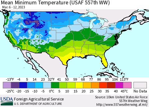 United States Mean Minimum Temperature (USAF 557th WW) Thematic Map For 3/6/2023 - 3/12/2023