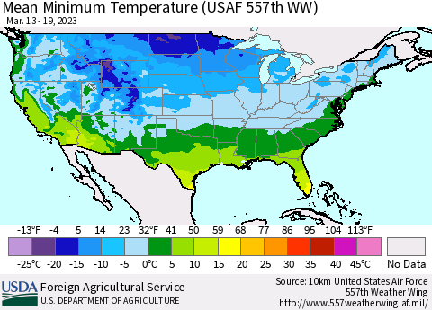 United States Mean Minimum Temperature (USAF 557th WW) Thematic Map For 3/13/2023 - 3/19/2023
