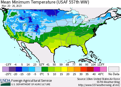 United States Mean Minimum Temperature (USAF 557th WW) Thematic Map For 3/20/2023 - 3/26/2023