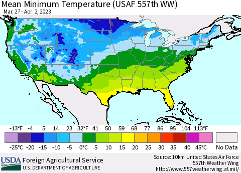 United States Mean Minimum Temperature (USAF 557th WW) Thematic Map For 3/27/2023 - 4/2/2023