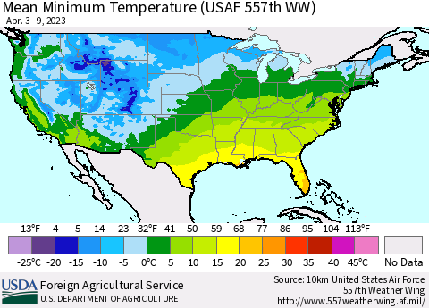 United States Mean Minimum Temperature (USAF 557th WW) Thematic Map For 4/3/2023 - 4/9/2023