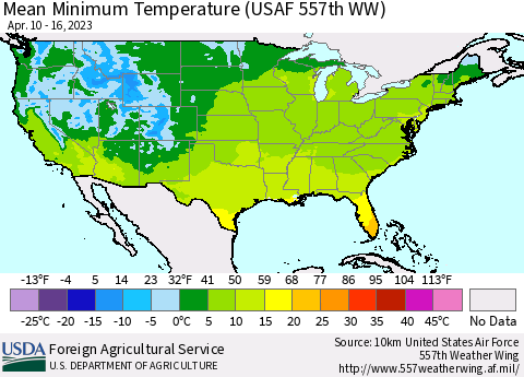 United States Mean Minimum Temperature (USAF 557th WW) Thematic Map For 4/10/2023 - 4/16/2023