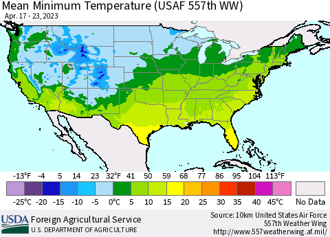 United States Mean Minimum Temperature (USAF 557th WW) Thematic Map For 4/17/2023 - 4/23/2023