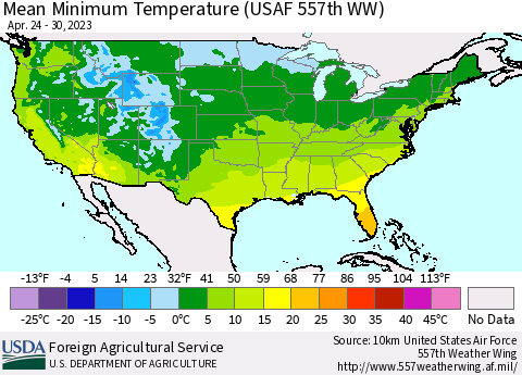United States Mean Minimum Temperature (USAF 557th WW) Thematic Map For 4/24/2023 - 4/30/2023