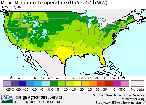 United States Mean Minimum Temperature (USAF 557th WW) Thematic Map For 5/1/2023 - 5/7/2023