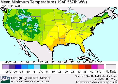 United States Mean Minimum Temperature (USAF 557th WW) Thematic Map For 5/8/2023 - 5/14/2023