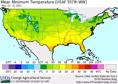 United States Mean Minimum Temperature (USAF 557th WW) Thematic Map For 5/15/2023 - 5/21/2023