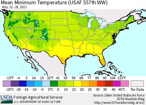 United States Mean Minimum Temperature (USAF 557th WW) Thematic Map For 5/22/2023 - 5/28/2023