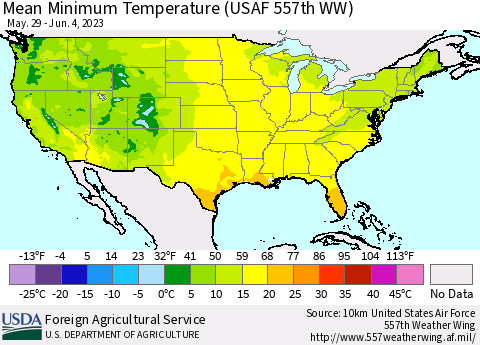 United States Mean Minimum Temperature (USAF 557th WW) Thematic Map For 5/29/2023 - 6/4/2023