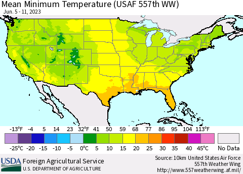 United States Mean Minimum Temperature (USAF 557th WW) Thematic Map For 6/5/2023 - 6/11/2023