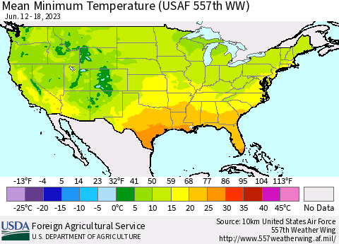United States Mean Minimum Temperature (USAF 557th WW) Thematic Map For 6/12/2023 - 6/18/2023