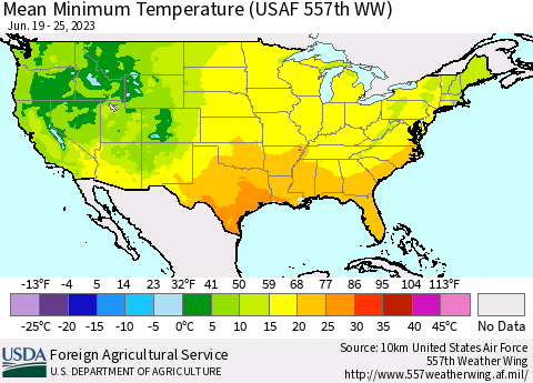 United States Mean Minimum Temperature (USAF 557th WW) Thematic Map For 6/19/2023 - 6/25/2023