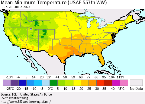 United States Mean Minimum Temperature (USAF 557th WW) Thematic Map For 6/26/2023 - 7/2/2023
