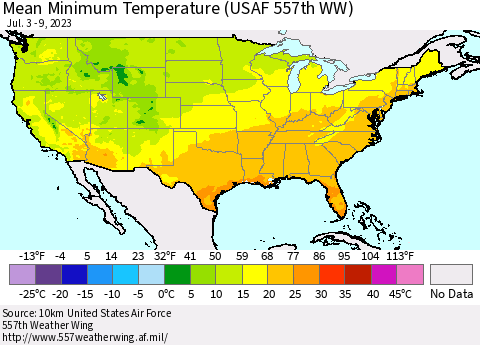 United States Mean Minimum Temperature (USAF 557th WW) Thematic Map For 7/3/2023 - 7/9/2023