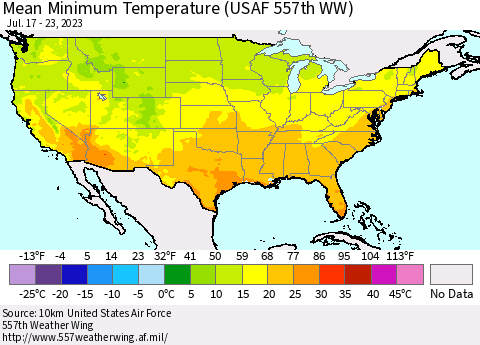 United States Mean Minimum Temperature (USAF 557th WW) Thematic Map For 7/17/2023 - 7/23/2023