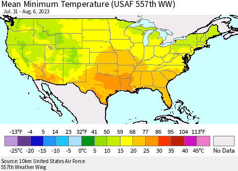United States Mean Minimum Temperature (USAF 557th WW) Thematic Map For 7/31/2023 - 8/6/2023