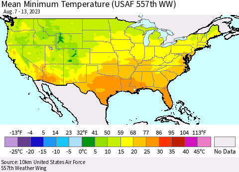 United States Mean Minimum Temperature (USAF 557th WW) Thematic Map For 8/7/2023 - 8/13/2023