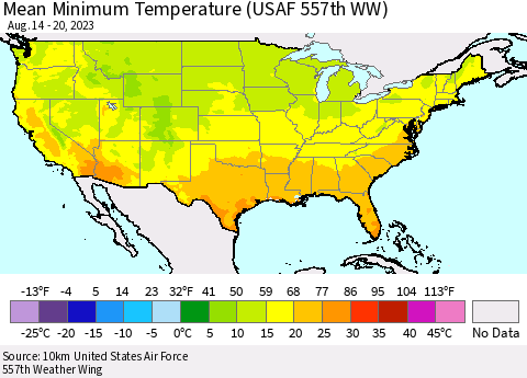 United States Mean Minimum Temperature (USAF 557th WW) Thematic Map For 8/14/2023 - 8/20/2023