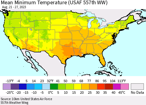 United States Mean Minimum Temperature (USAF 557th WW) Thematic Map For 8/21/2023 - 8/27/2023