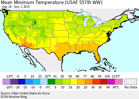 United States Mean Minimum Temperature (USAF 557th WW) Thematic Map For 8/28/2023 - 9/3/2023