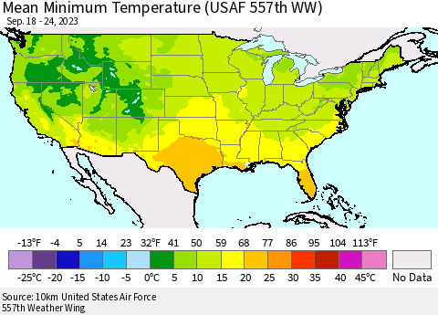 United States Mean Minimum Temperature (USAF 557th WW) Thematic Map For 9/18/2023 - 9/24/2023