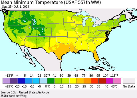 United States Mean Minimum Temperature (USAF 557th WW) Thematic Map For 9/25/2023 - 10/1/2023