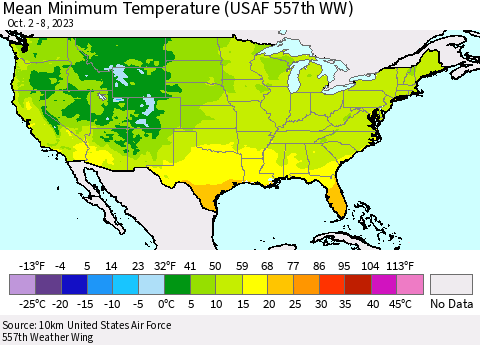 United States Mean Minimum Temperature (USAF 557th WW) Thematic Map For 10/2/2023 - 10/8/2023
