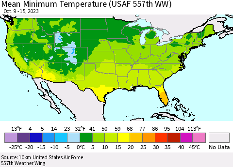 United States Mean Minimum Temperature (USAF 557th WW) Thematic Map For 10/9/2023 - 10/15/2023