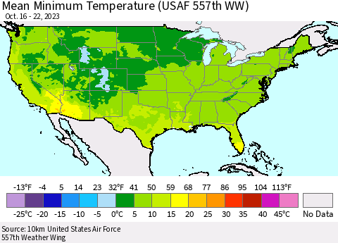 United States Mean Minimum Temperature (USAF 557th WW) Thematic Map For 10/16/2023 - 10/22/2023