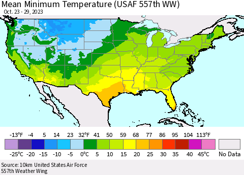 United States Mean Minimum Temperature (USAF 557th WW) Thematic Map For 10/23/2023 - 10/29/2023