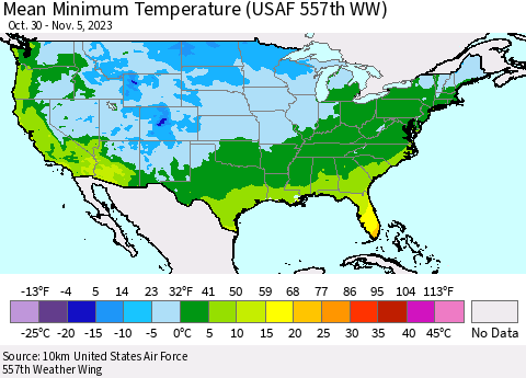 United States Mean Minimum Temperature (USAF 557th WW) Thematic Map For 10/30/2023 - 11/5/2023
