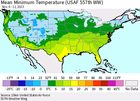 United States Mean Minimum Temperature (USAF 557th WW) Thematic Map For 11/6/2023 - 11/12/2023