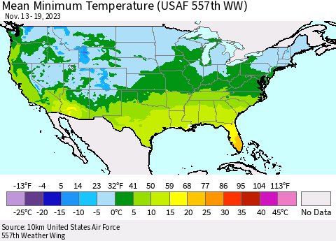 United States Mean Minimum Temperature (USAF 557th WW) Thematic Map For 11/13/2023 - 11/19/2023