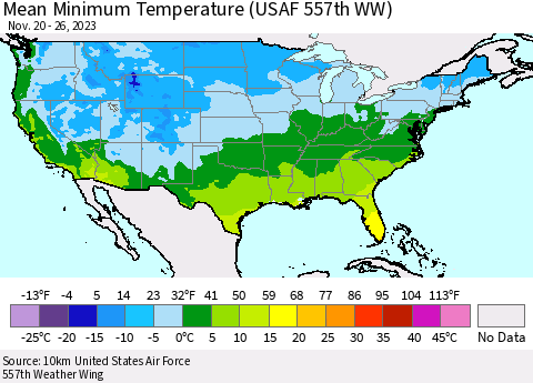United States Mean Minimum Temperature (USAF 557th WW) Thematic Map For 11/20/2023 - 11/26/2023