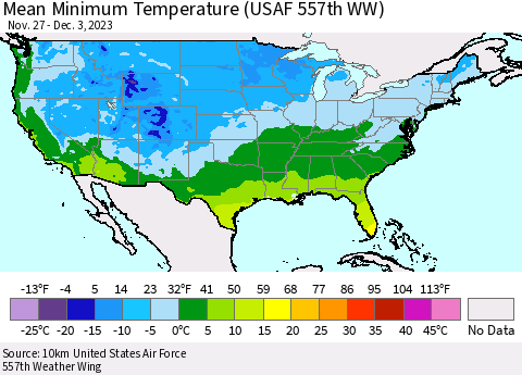 United States Mean Minimum Temperature (USAF 557th WW) Thematic Map For 11/27/2023 - 12/3/2023