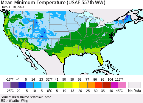 United States Mean Minimum Temperature (USAF 557th WW) Thematic Map For 12/4/2023 - 12/10/2023