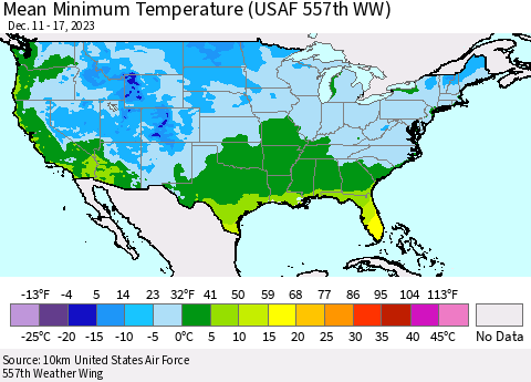 United States Mean Minimum Temperature (USAF 557th WW) Thematic Map For 12/11/2023 - 12/17/2023