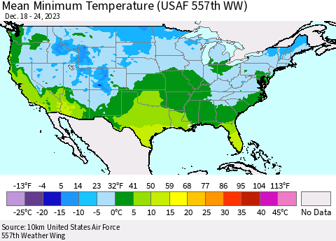 United States Mean Minimum Temperature (USAF 557th WW) Thematic Map For 12/18/2023 - 12/24/2023