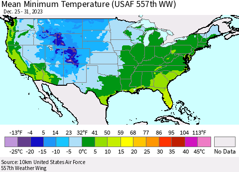 United States Mean Minimum Temperature (USAF 557th WW) Thematic Map For 12/25/2023 - 12/31/2023