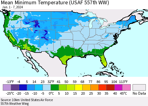 United States Mean Minimum Temperature (USAF 557th WW) Thematic Map For 1/1/2024 - 1/7/2024
