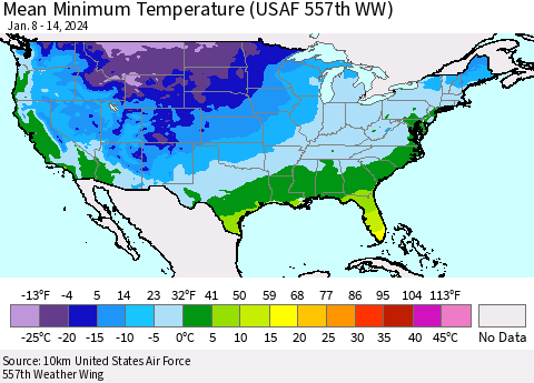 United States Mean Minimum Temperature (USAF 557th WW) Thematic Map For 1/8/2024 - 1/14/2024