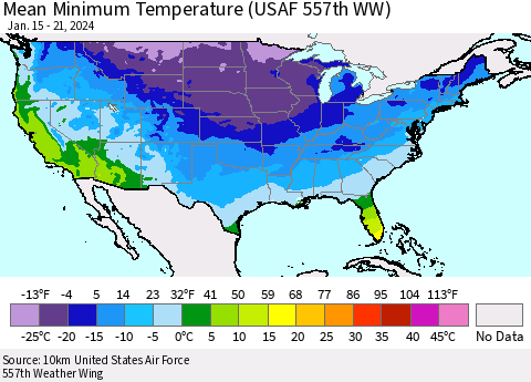 United States Mean Minimum Temperature (USAF 557th WW) Thematic Map For 1/15/2024 - 1/21/2024