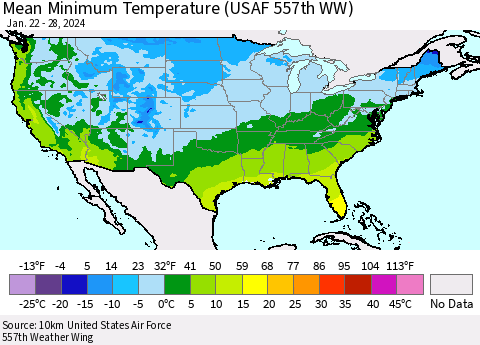 United States Mean Minimum Temperature (USAF 557th WW) Thematic Map For 1/22/2024 - 1/28/2024