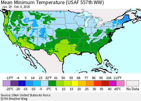 United States Mean Minimum Temperature (USAF 557th WW) Thematic Map For 1/29/2024 - 2/4/2024