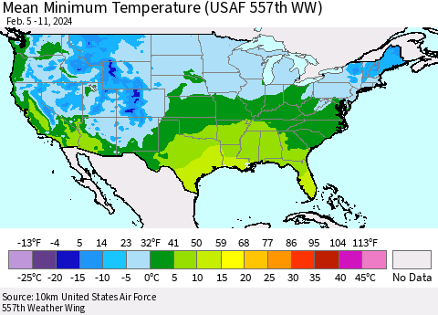 United States Mean Minimum Temperature (USAF 557th WW) Thematic Map For 2/5/2024 - 2/11/2024